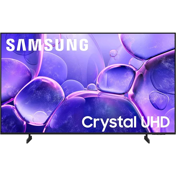 Samsung Crystal UHD Smart TV, front view, screen displaying the Crystal UHD start-up graphic